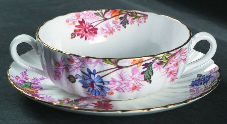 Chelsea Garden (Gold Trim) Flat Cream Soup Bowl & Saucer Set