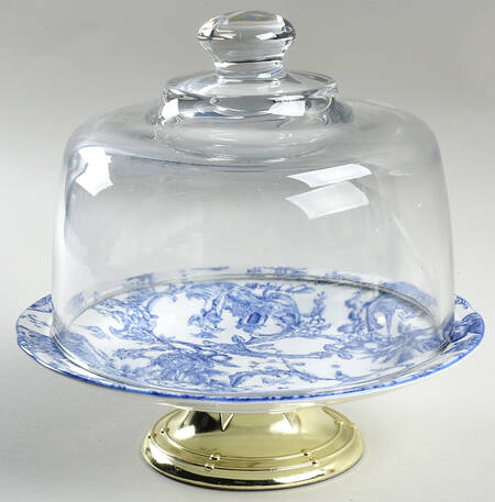 Provencial Garden Blue 6 1/2"-7 1/2" Footed Cheese Plate w/ Glass Dome HC