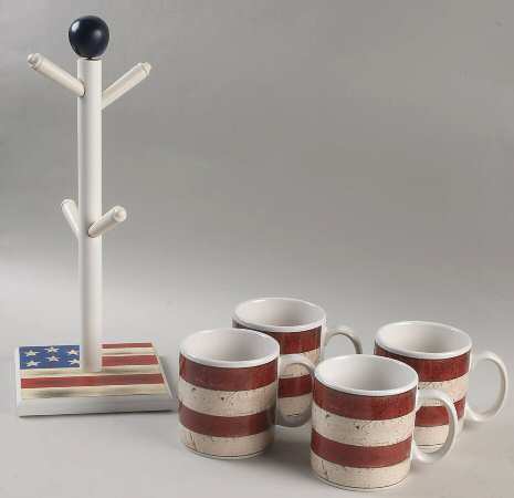 Colonial (Black Trim) Mug Tree & 4 Mugs