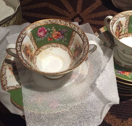 Royal Dresdner Art Green (Panels) Footed Bouillon Cup & Saucer