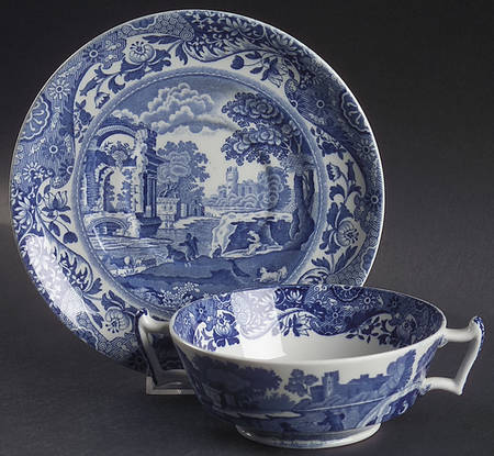 Blue Italian (Older) Footed Cream Soup Bowl & Saucer Set