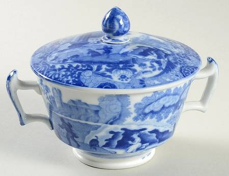 Blue Italian (Older) Footed Bouillon Cup and Saucer with Lid