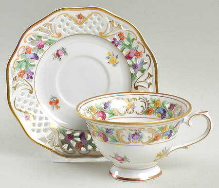 Dresden Line-Bouquet (Pierced) Footed Cup & Saucer Set