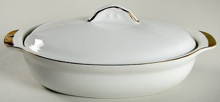 White & Gold 9" Oval Baker & Lid