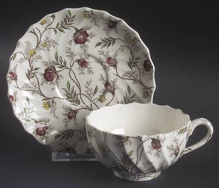 Rosebud Chintz (2-8388, Brown Vine) Flat Cup & Saucer Set