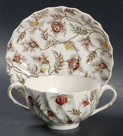 Rosebud Chintz (2-8388, Brown Vine) Flat Bouillon Cup & Saucer
