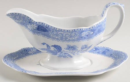 Blue Camilla (Scalloped, New Black Backstamp) Gravy Boat & Underplate