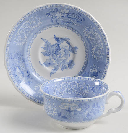 Blue Camilla (Scalloped, New Black Backstamp) Flat Cup & Saucer Set