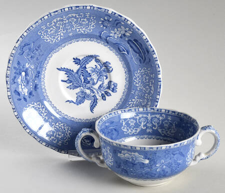 Blue Camilla (Scalloped, New Black Backstamp) Footed Bouillon Cup & Saucer