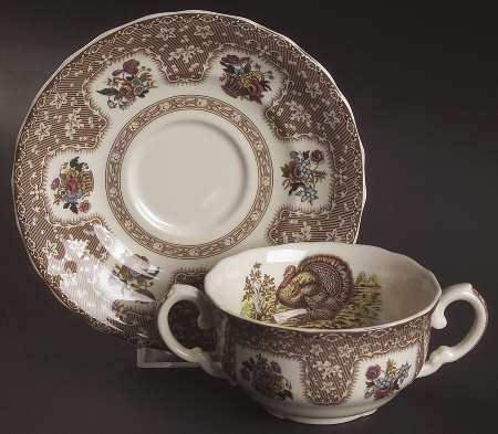 Thanksgiving Brown, Multicolor (No Trim) Flat Cream Soup Bowl & Saucer Set