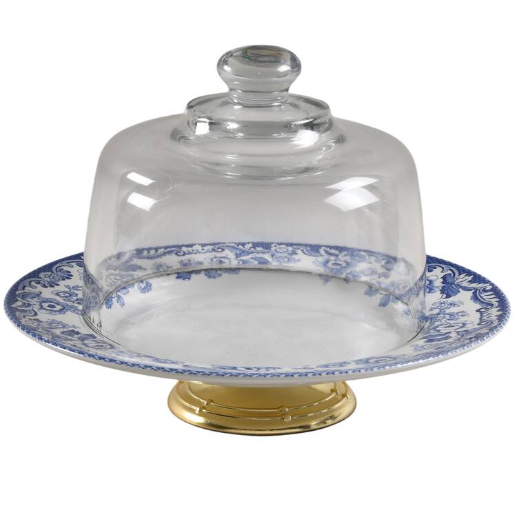 Delamere Blue 6 1/2"-7 1/2" Footed Cheese Plate w/ Glass Dome HC
