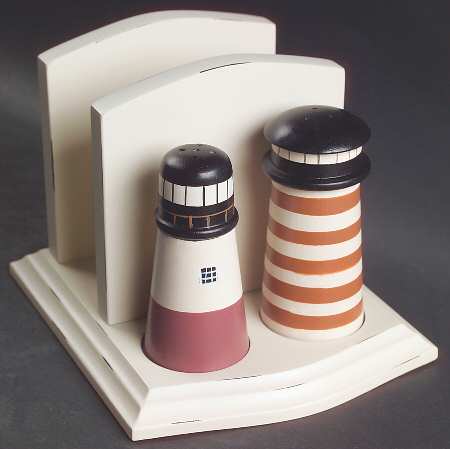 By The Sea (Made In China, Handpaint) All Wood Napkin, Salt and Pepper Set with Tray