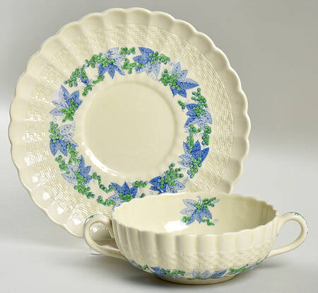 Valencia Blue Green (Cream Background) Flat Cream Soup Bowl & Saucer Set