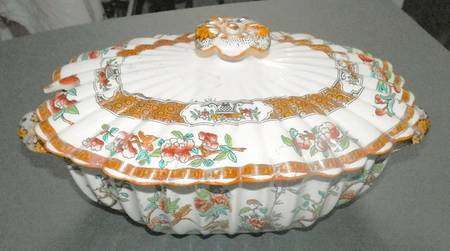 Indian Tree (Orange Rust, Scallop, Mustard Trim) Oval Tureen & Lid