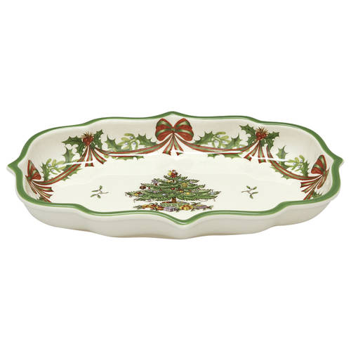 Christmas Tree Ogee Oval Candy Dish w/65th Anniversary Backstamp