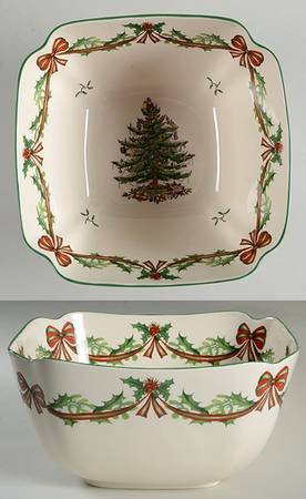 Christmas Tree 9" Sq. Salad Serving Bowl w/65th Anniversary Bkstp