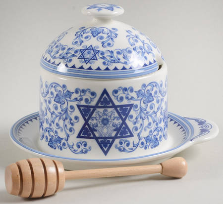 Blue Room (Judaic Collection) Honey Pot with Lid and Attached Plate by Spode