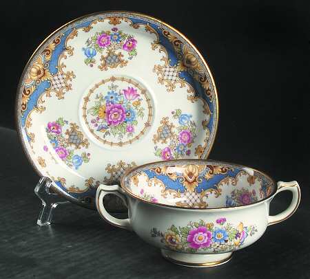 Sheraton Blue (Smooth) Footed Cream Soup Bowl & Saucer Set