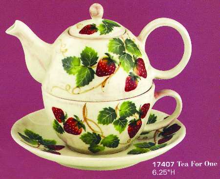 Strawberries (Scalloped) Individual Teapot & Lid with Cup