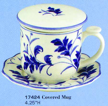 Blue Leaf Mug with Lid & Saucer