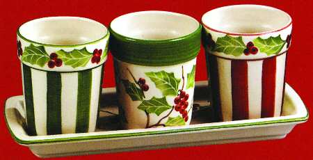 Holly Berries Flower Pot Votive Set (3 Pots & Tray)