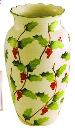 Holly Berries 8" Scalloped Vase