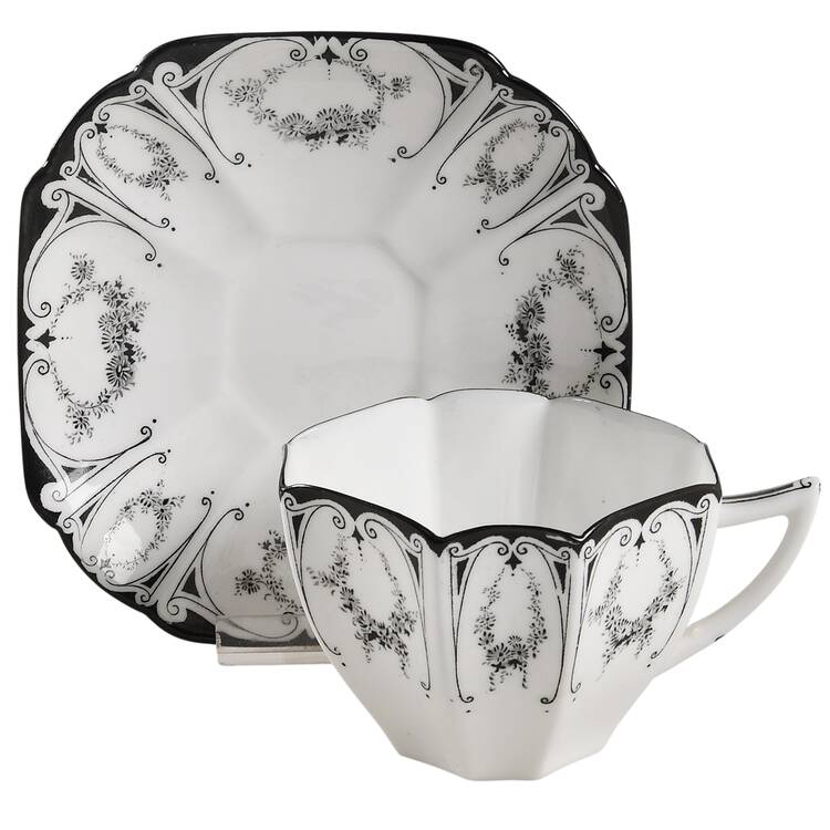 Garland of Flowers Black Flat Cup & Saucer Set