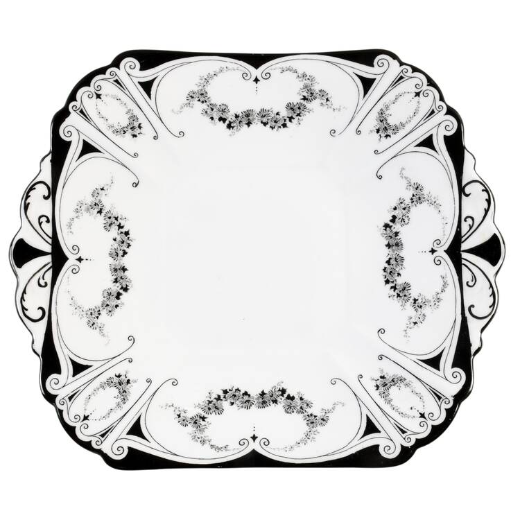 Garland of Flowers Black Square Handled Cake Plate