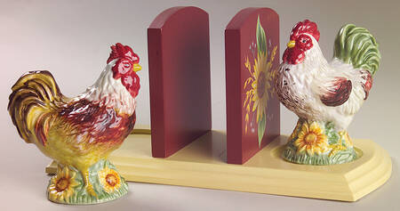 Chanticleer Wood Napkin Holder with Figural Salt and Pepper
