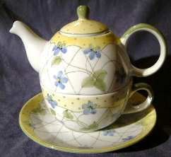 Polka Dot and Trellis Yellow Individual Teapot & Lid with Cup & Saucer