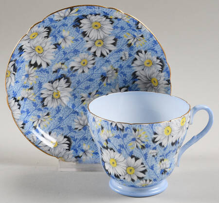 Blue Daisy (Gold Trim) Footed Cup & Saucer Set by Shelley