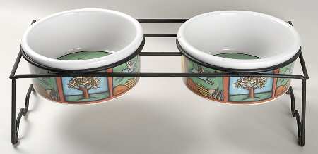 Flight of the Blue Dog Dog Bowl - Set of 2 & Metal Stand