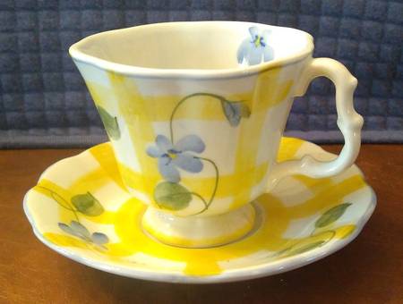 Forget Me Not & Yellow Plaid Footed Cup & Saucer Set