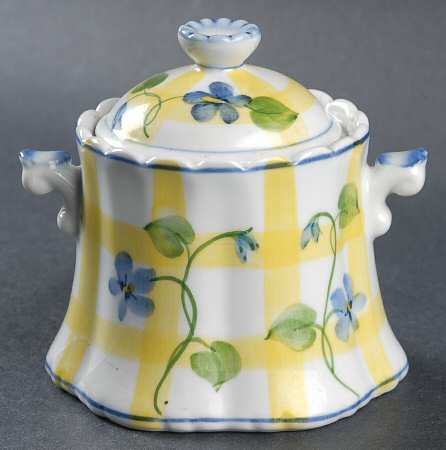 Forget Me Not & Yellow Plaid Sugar Bowl & Lid