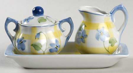 Forget Me Not & Yellow Plaid Mini Creamer & Sugar with Lid & Tray