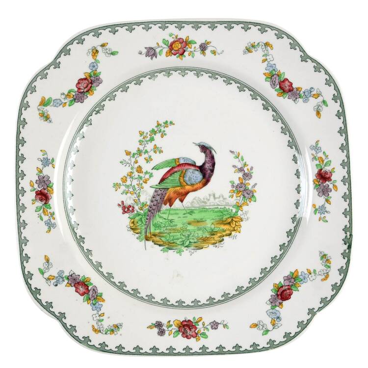 Vienna (Bird Center, Green) Square Handled Cake Plate