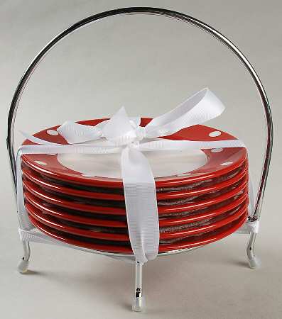 Dots Red Bread & Butter Plates & Caddy - Set of 6