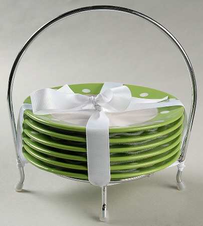Dots Green Bread & Butter Plates & Caddy - Set of 6