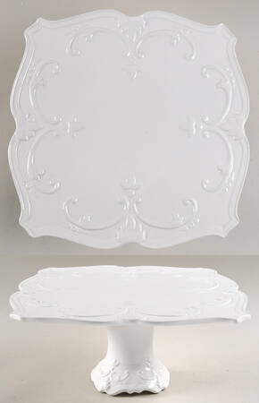 Fancy Scroll White 11" Diameter Square Pedestal Cake Stand