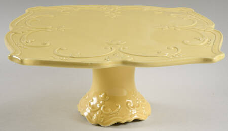 Fancy Scroll Antique Yellow 11" Diameter Square Pedestal Cake Stand
