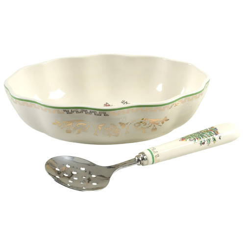 Christmas Tree Gold Collection Cranberry Bowl & Stainless/Ceramic Server