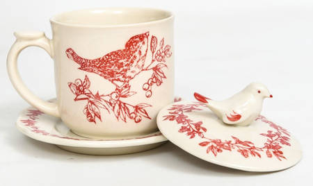 Bird Toile Red Mug with Lid & Saucer