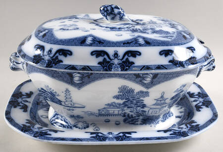 LANDSCAPE FLOW BLUE Tureen & Lid w/Underplate
