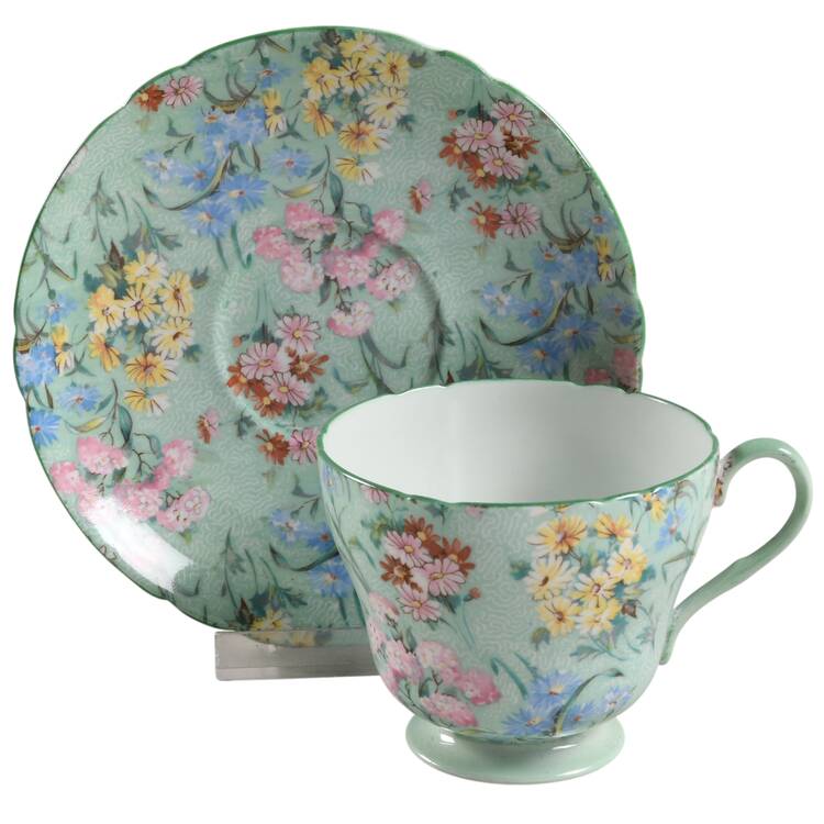 Melody (Smooth, Green Trim) Footed Cup & Saucer Set