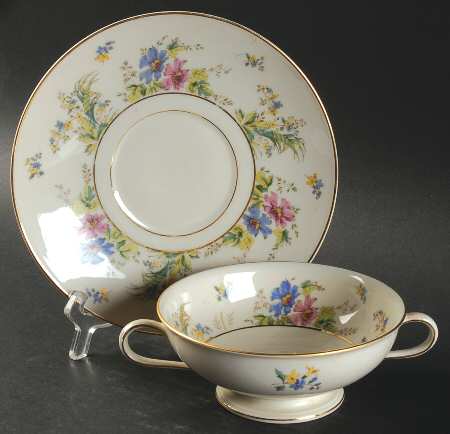 04491 (Cream Background) Footed Cream Soup Bowl & Saucer Set
