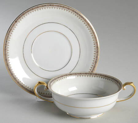 Athena (Brown Blocks) Footed Cream Soup Bowl & Saucer Set
