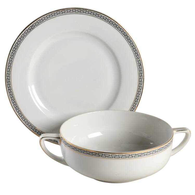 Greek Key Flat Cream Soup Bowl & Saucer Set