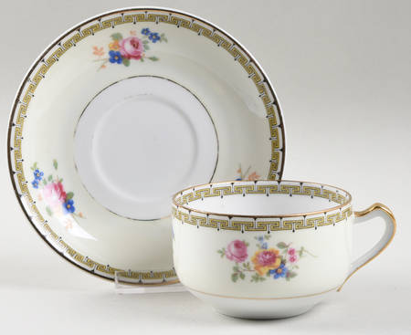Rosemary (Floral, Greek Key Design) Flat Cup & Saucer Set