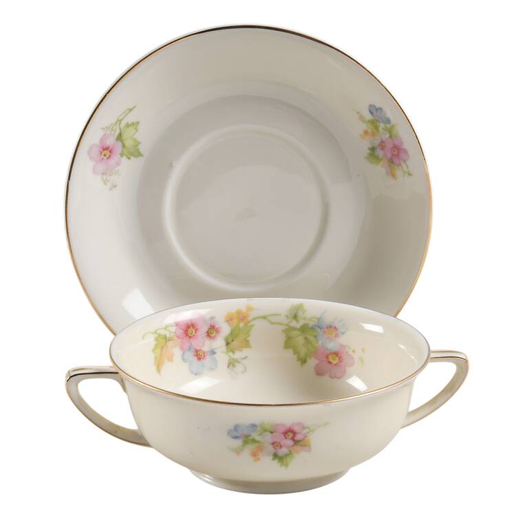 Springtime (Ivory Background, Pink Blue Gray) Footed Cream Soup Bowl & Saucer Set