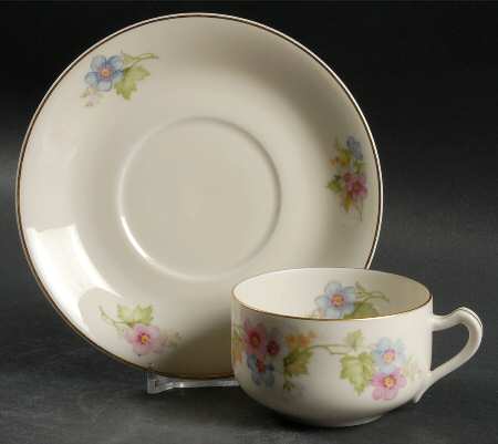Springtime (Ivory Background, Pink Blue Gray) Flat Cup & Saucer Set